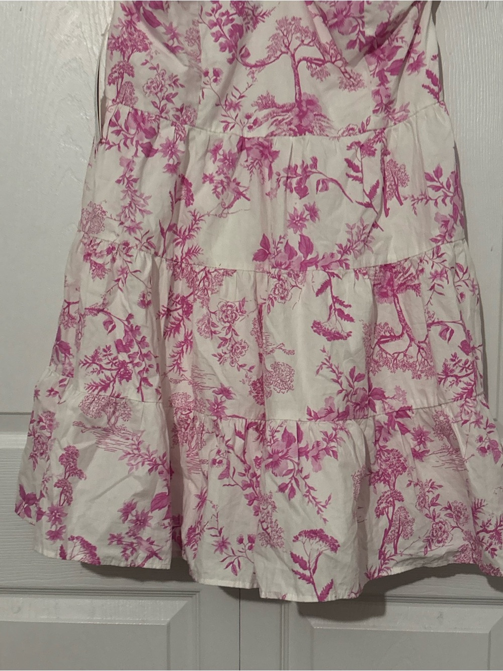 Aqua White and Pink Floral Midi Dress with Puff Sleeves - Picture 3 of 6